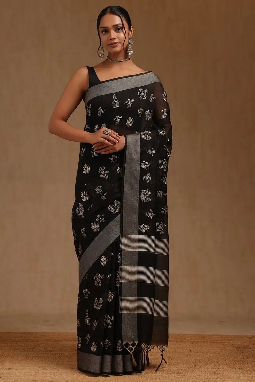 Black Chanderi Warli Embroidered Saree With Thread Work